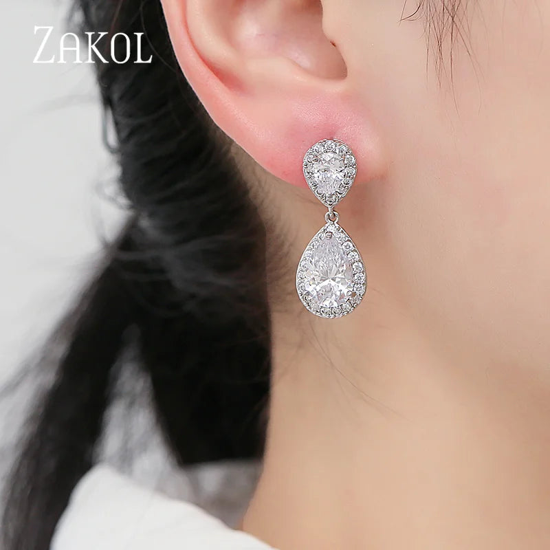 Trendy White Gold Color Teardrop Crystal Dangle Earrings