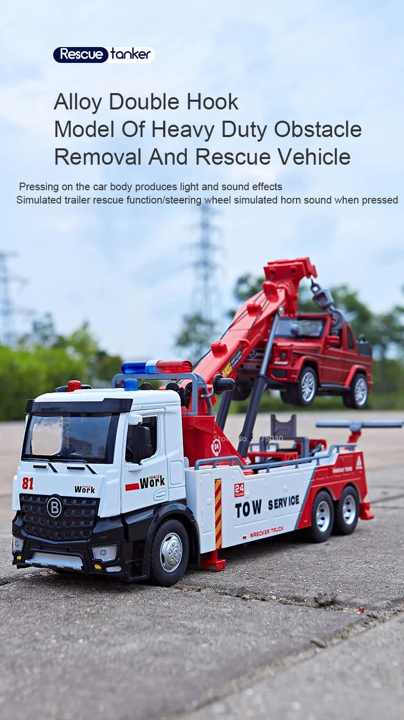 1/50 Scale Double Hook Rescue Crane Truck Alloy Model Toys Metal Diecast Engineering Vehicle Sound Light Gifts for Boys Birthday