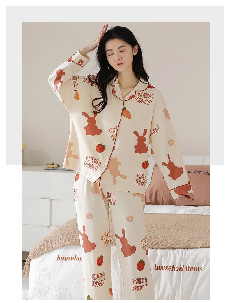 Women’s Winter 100% Cotton Pajama Set – Loose Fit, Turn-Down Collar, Long Sleeves, Cute Pink