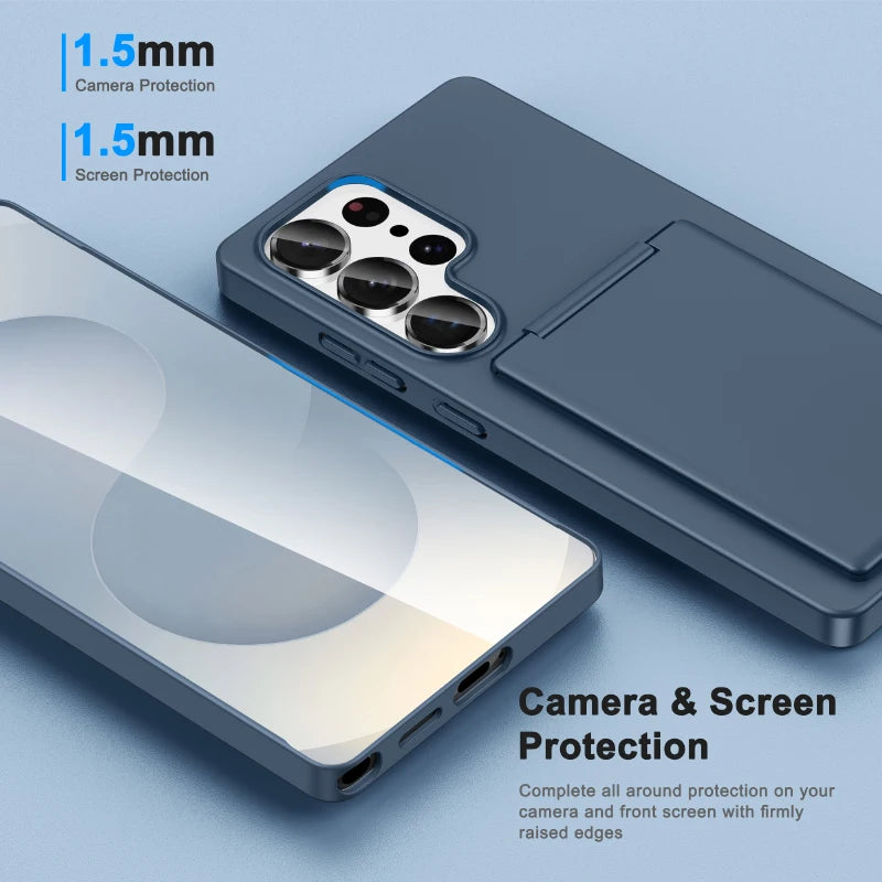 Luxury Solid Color Matte Wallet Card Slot Bracket Phone Case For Samsung S25 Ultra Edge S23 S24 Ultra Plus Bumper Back Cover