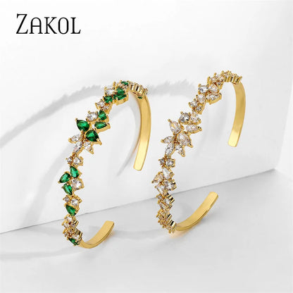 Fashion Gold Color Leaf Cuff Bangles for Women Elegant Green Cubic Zirconia Bracelets