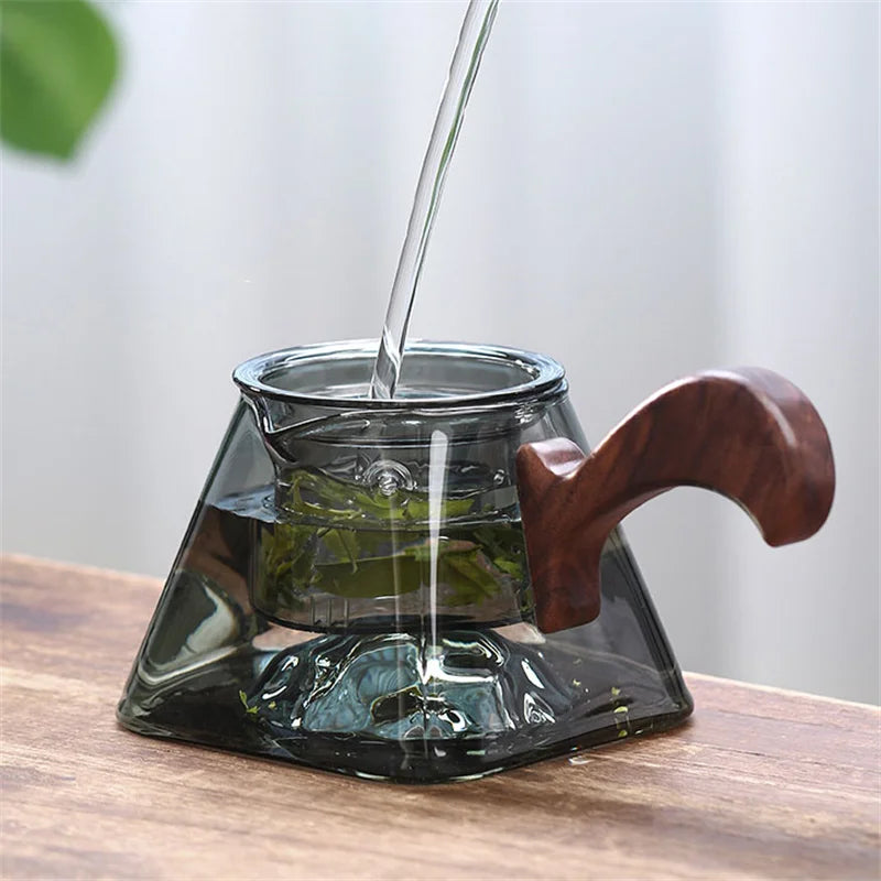 450ml Square Bottom Mountain Glass Teapot With Infuser Side Wooden Handle Tea Pot Puer Oolong Tea Maker Kungfu Tea Set
