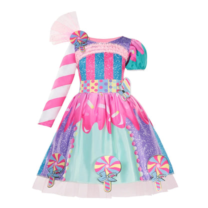 Girls Purim Festival Lollipop Costume Children Puff Sleeve Candy Costume Kids Sweet Lollipop Print Birthday Party Dresses