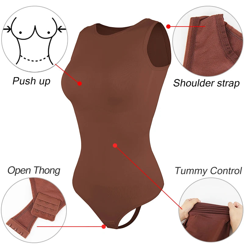 Women Sleeveless Crew Neck Shapewear Bodysuit – Tummy Control Thong Body Shaper