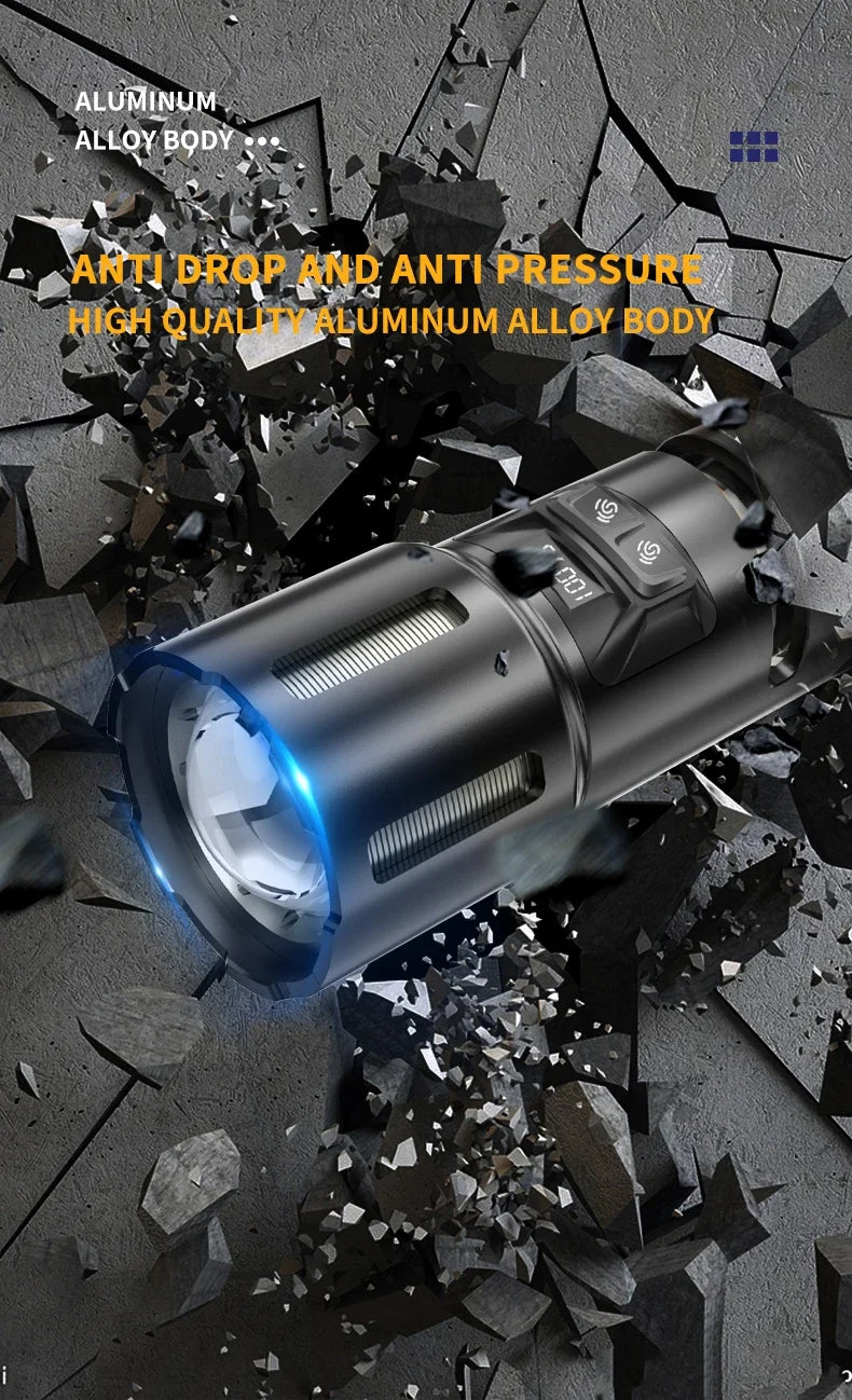 2-in-1 XHP360 High Power Tactical Flashlight Rechargeable Zoom Torch with Camping Light Power Bank Safety Hammer