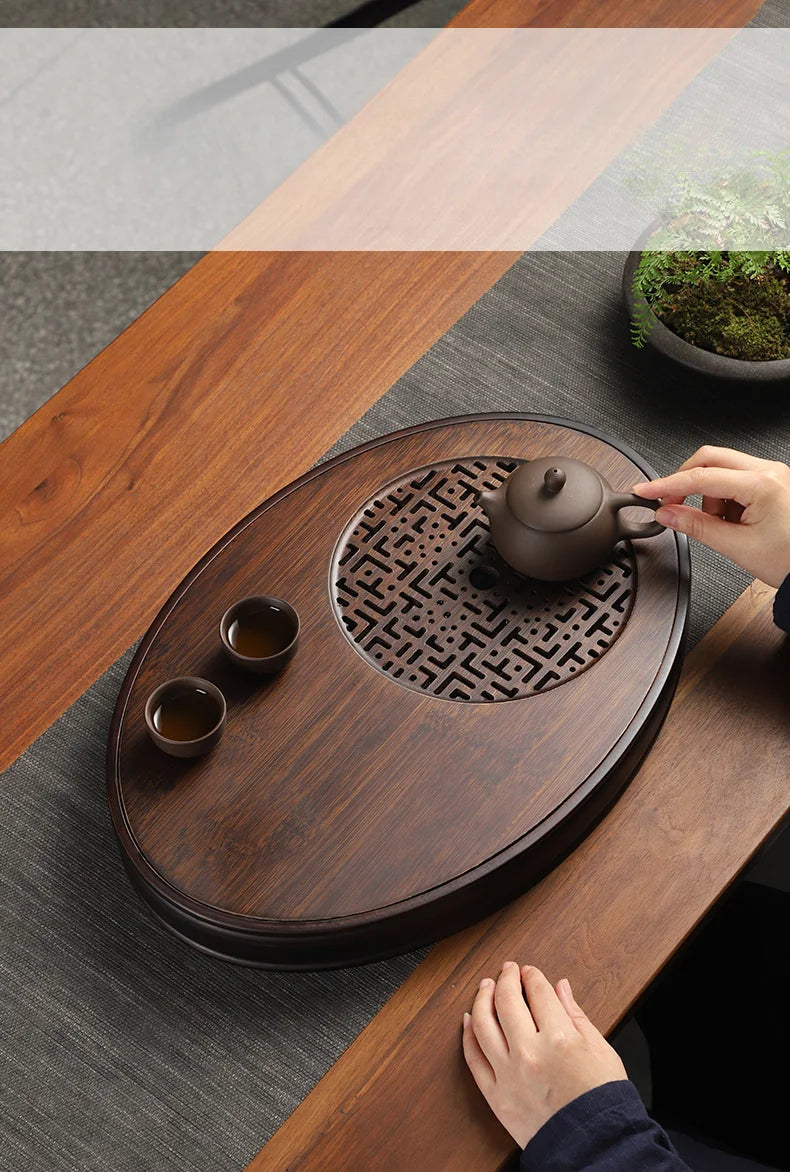 Chinese Tea Ceremony Culture Oval Tea Tray Natural Bamboo Hollow Drainage Storage Tea Tray Home Solid Wood Storage Tray