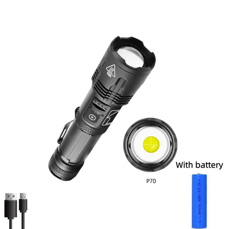High Power Tactical Flashlight Rechargeable Zoom LED Torch with 5 Charging Modes Pen Clip