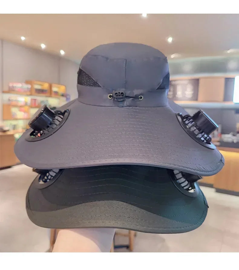 Wide Brim Fishing Hat With Dual Solar Fans