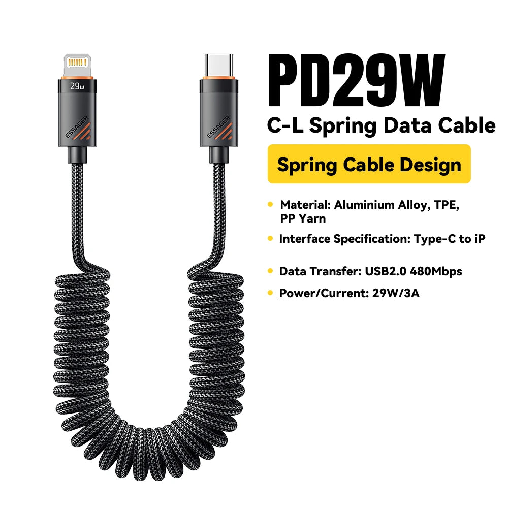 Car Spring USB-C to Lightning PD 29W Fast Charging Cable (1.8m)
