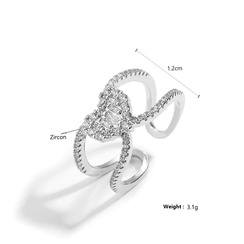 Exquisite Double Layer Cross Open Rings for Women Korean Fashion Heart Cubic Zircon Bridal Ring