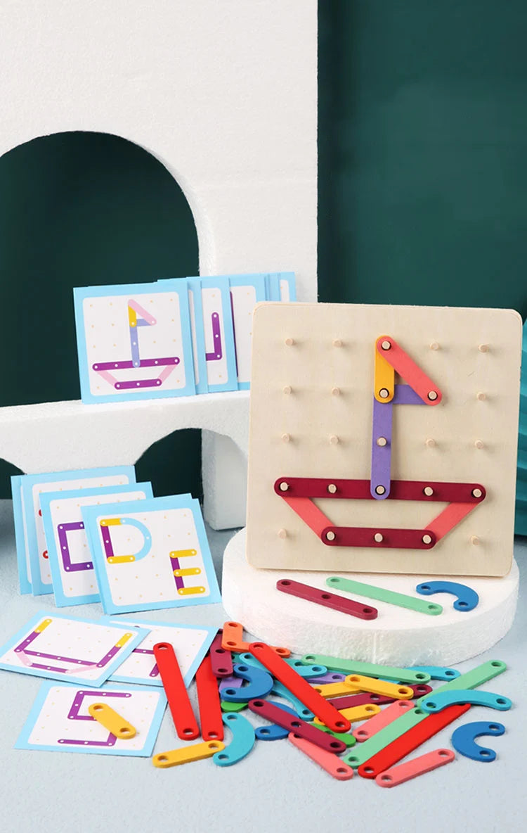 Wooden Geometric Pegboard Construction and Pattern Puzzle Set