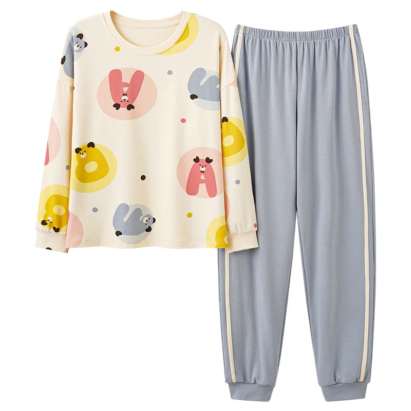 Women’s Cute Lazy Style Cotton Pajama Set – Soft, Loose Long Sleeves & Pants