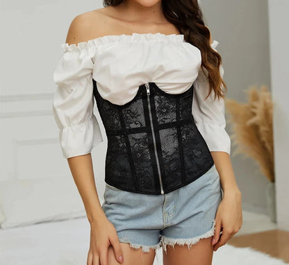 Women Lace Corset Belt Waist Corset Top Mesh Open Cup Lace Up Boned Bustier Underbust Corset Black Slimming Belt for Girl