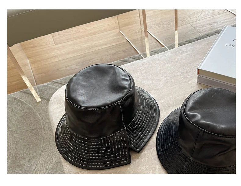 Novelty Female White Line Genuine Leather Big Brim Fisherman Caps Korean Fashion Lambskin Split Basin Sombreros