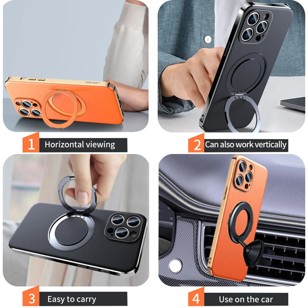 Leather for Magsafe Case for iPhone 16 15 14 Pro Max 16Pro Ring Luxury Lens Protection Holder Phone Back Cover