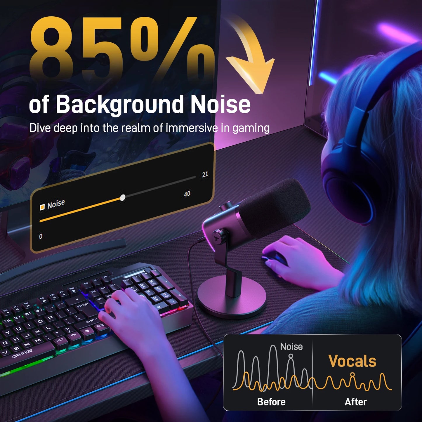 PD100X Dynamic Microphone Software Noise Reduction Included RGB gaming mic Enhances gaming experience Ideal for recording