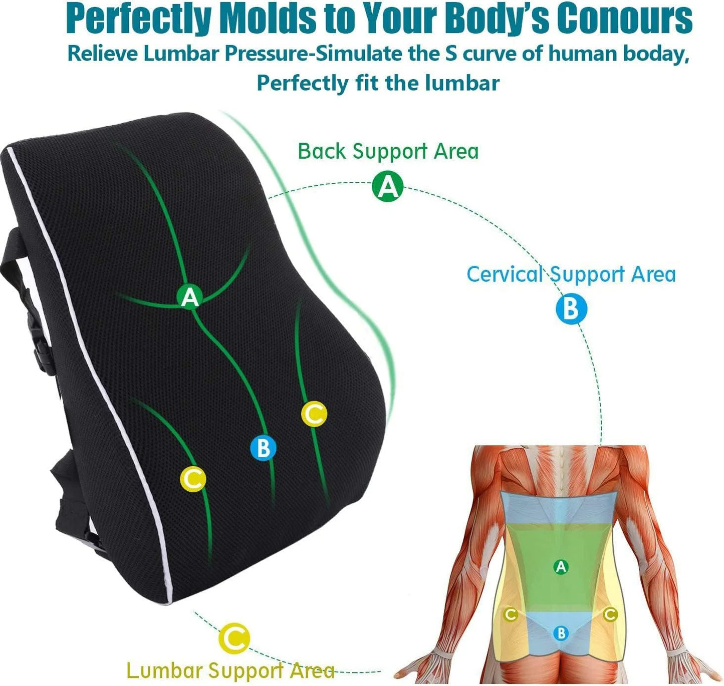 Car Seat Cushion/Waist Office Chair Back Lumbar Support Rest Rebound Memory Foam Cushion Pad Back Lumbar Cushion for Car Driver