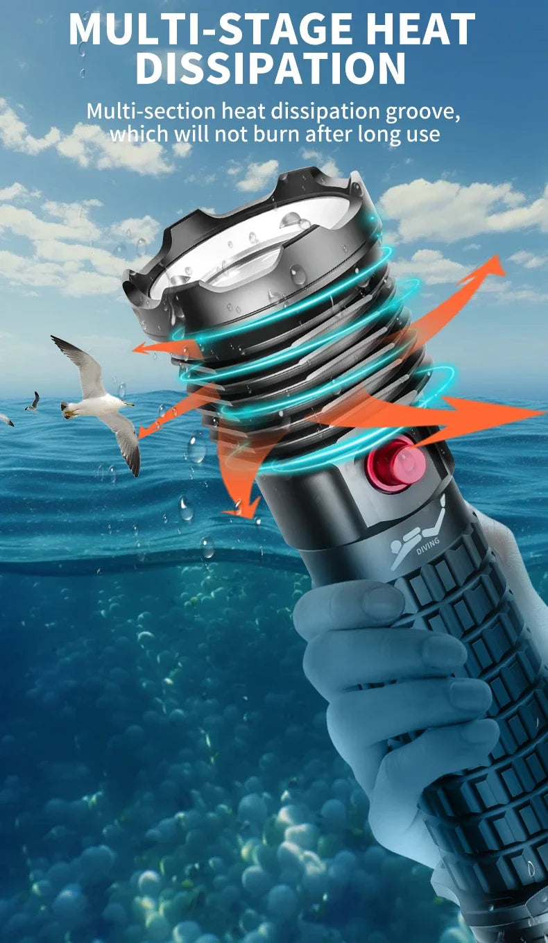 Rechargeable Diving Flashlight IPX8 Waterproof Underwater LED Torch Strong Light Dive Lamp