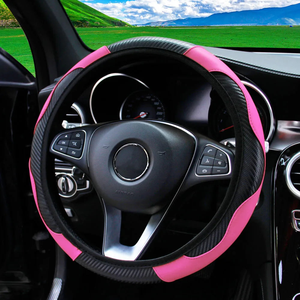 PU Carbon Fiber Leather Car Steering Wheel Cover 37CM 38CM