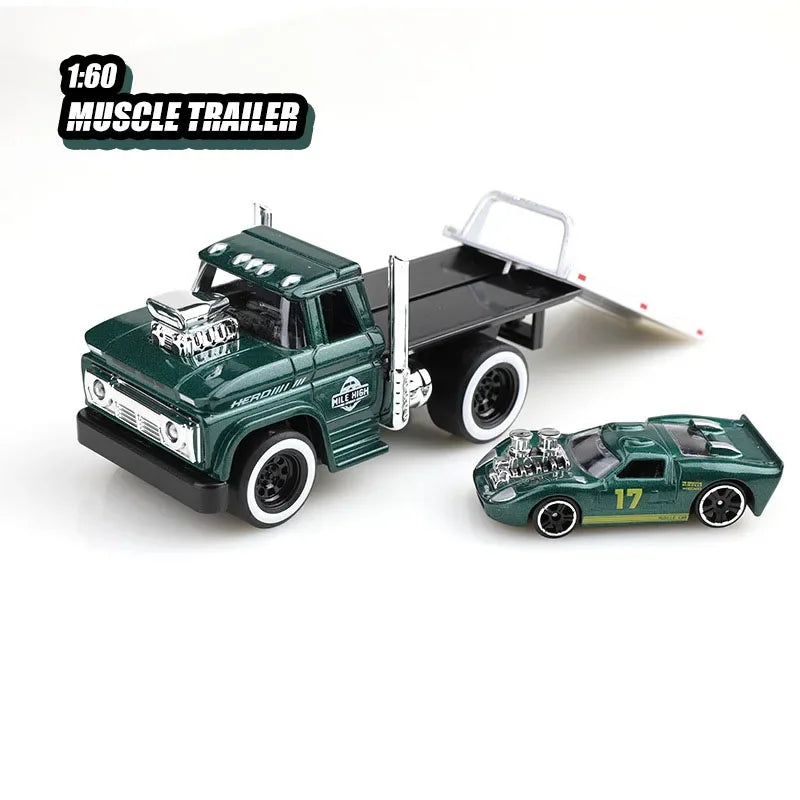 1:60 Scale American Muscle Alloy Trailer Cars Diecast Models Toys with Sound Light Pull Back Vehicle Boys Collection Gifts
