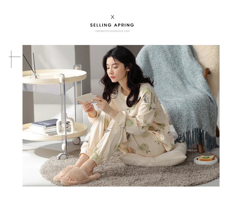 Women’s Cute Lazy Style Cotton Pajama Set – Soft, Loose Long Sleeves & Pants