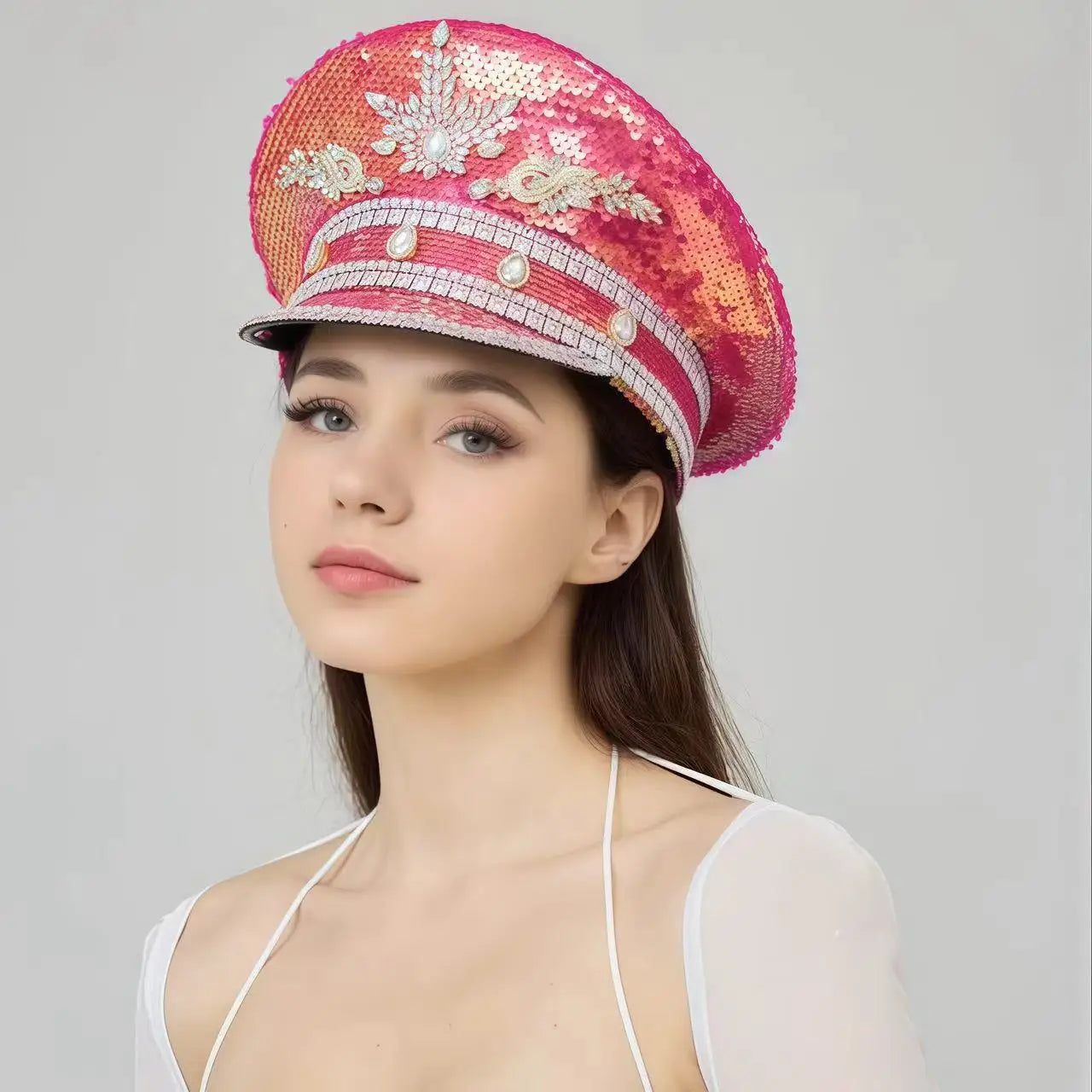 Luxury Festival Captain Hat Rhinestone Military Cap Sergeant Hat Mucis Festival Steampunk Caps for Unisex Adult Masquerade