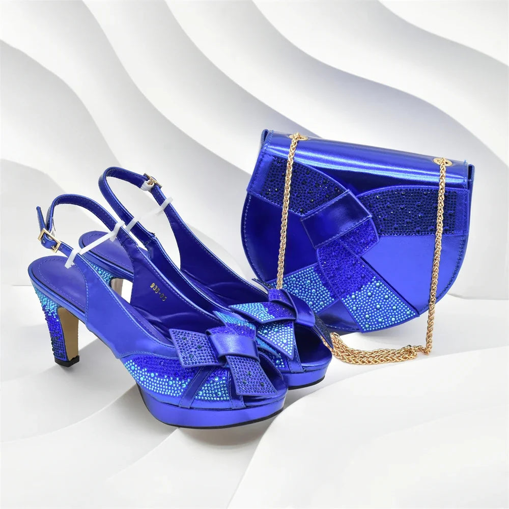 New Design African Shoe and Bags Set for Wedding Luxury Designer High Heels Full Rhinestone Pumps Women Shoes and Bag Set Italy