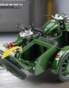 1/10 Alloy Retro Tricycle Side-car Motorcycle Model Diecast Metal Classic Military Motorcycle Model Sound and Light Toy Gift