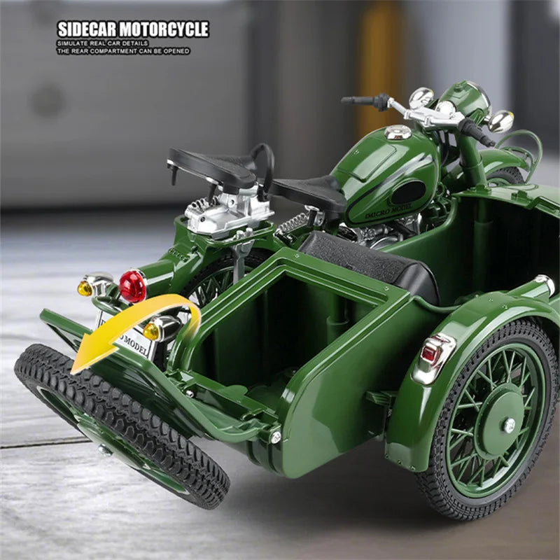 1/10 Alloy Retro Tricycle Side-car Motorcycle Model Diecast Metal Classic Military Motorcycle Model Sound and Light Toy Gift
