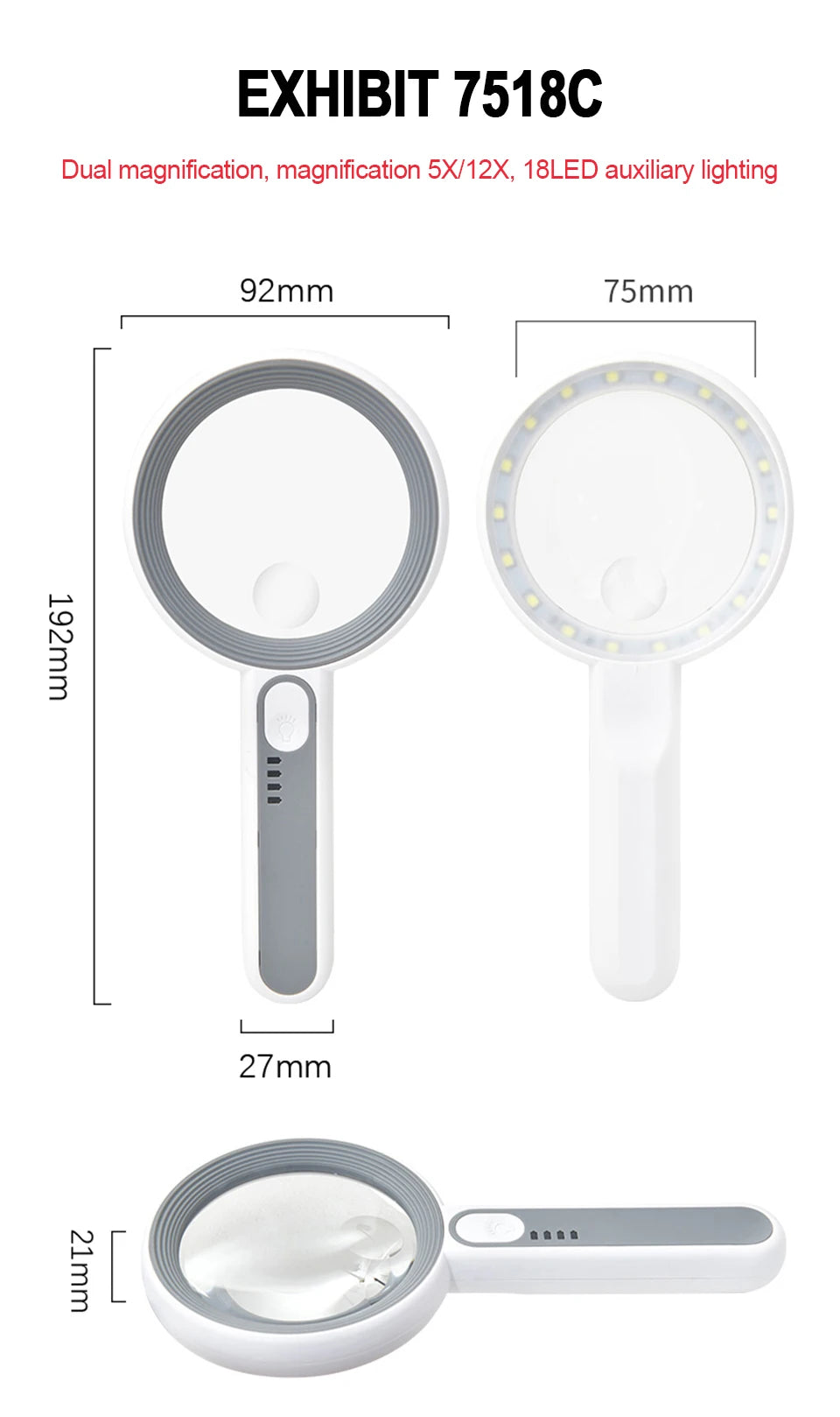 Rechargeable LED Magnifier 5X–12X Handheld with 3 Light Modes