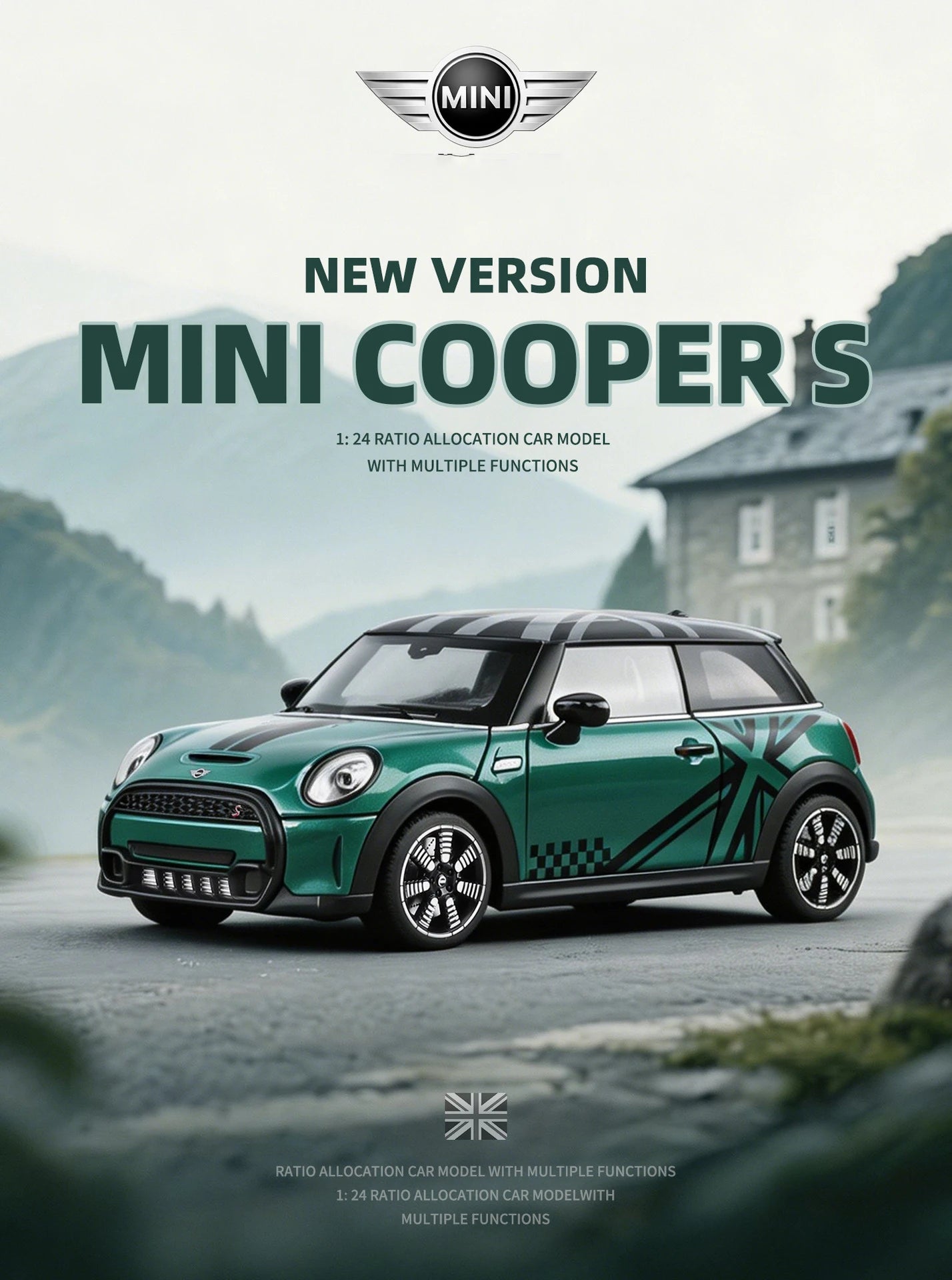 1 24 Scale Mini Cooper S Union Flag Diecast Pull Back Model Car with Sound and Light