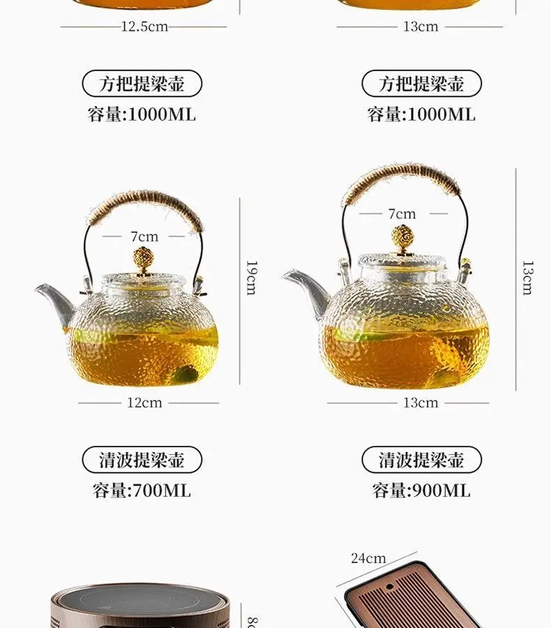 Heat Resistant Glass Tea Kettle with Filter Bamboo Handle Flower Tea Pot 1L