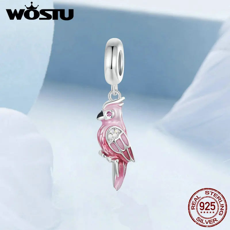 Real 925 Sterling Silver Lovely Pink Parrot Charms Rainbow Pendant Cute Bird Beads