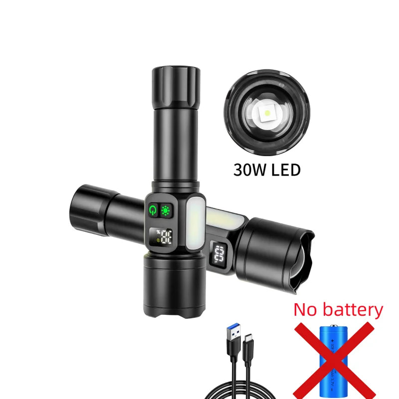 White Laser High Power Rechargeable LED Flashlight with Digital Display Magnet COB Side Light Zoom Torch