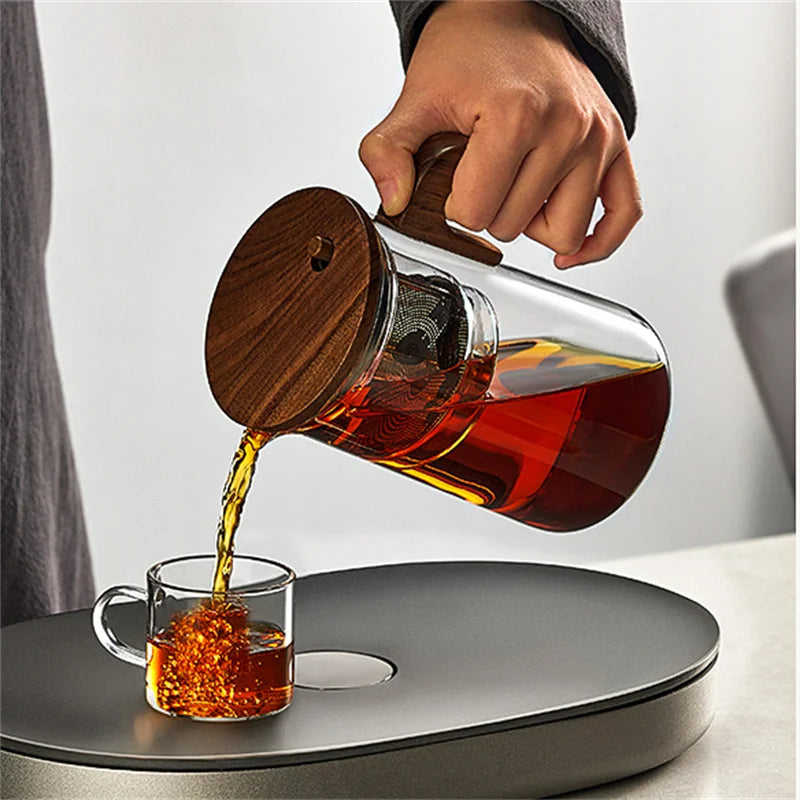 One Click Tea Separation Glass Teapot with Wood Handle