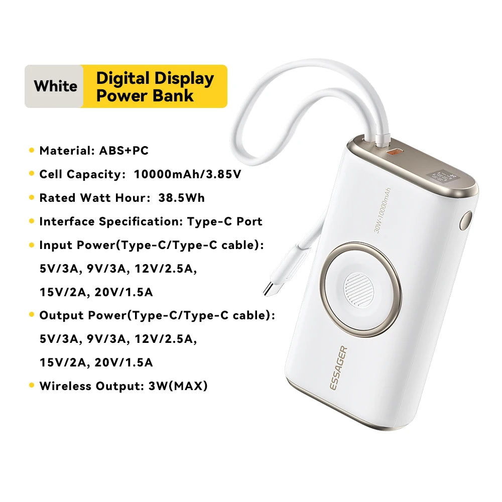 10000mAh Power Bank 30W PD Fast Charging Wireless Magnetic Charger with Built-in Cable & Digital Display
