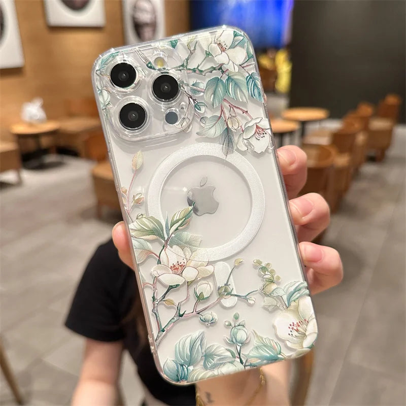 Transparent Magsafe  Flower Branch Case iPhone 16 14 15 Pro Max 15 Plus Wireless Charge Shockproof Clear Cover
