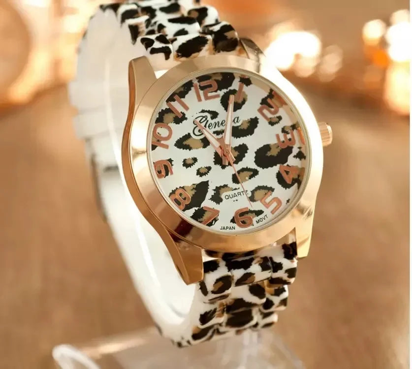 Geneva Watch Leopard Print Silicone Watch Fashion Casual Student Watch Leopard Print Color Quartz