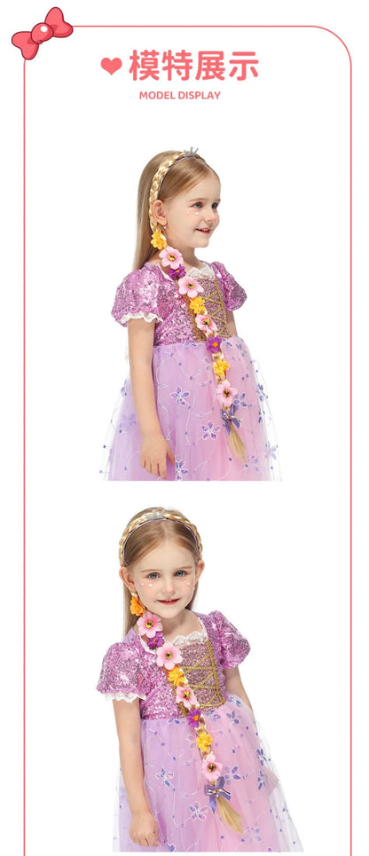 Princess Girls Flowers Headband Flower Fary Dress Up Weaving Long Braid Wig Headband Kids Halloween Rapunzel Cosplay Head Wear