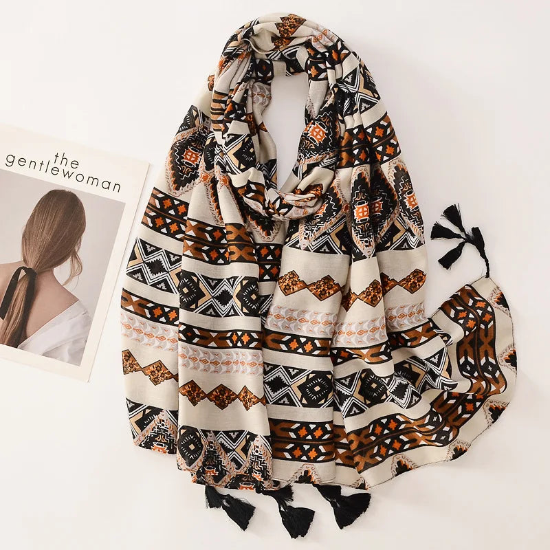 Beige Coffee Scarf Luxury Thin Women Scarves Spring Floral Hijab Veils Soft Cotton Shawl Wrap Tassel Viscose Muslim Woman Hijab