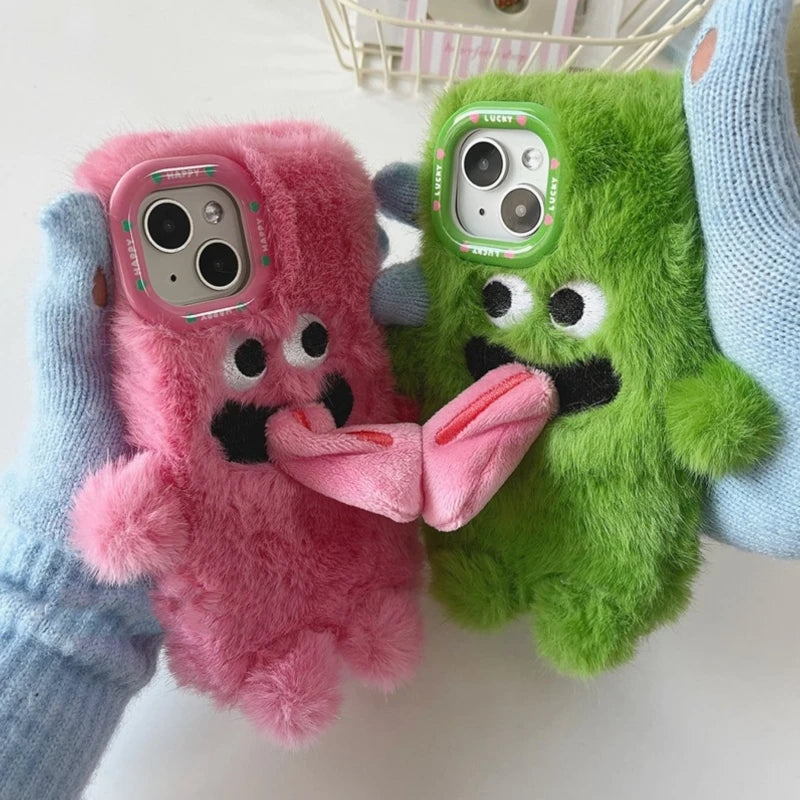 INS Couple Fur Monster Kiss Tongue Case For iPhone 16 15 14 13 Pro Max Korea Cute Cartoon Gift Anti-Drop Soft Back Cover