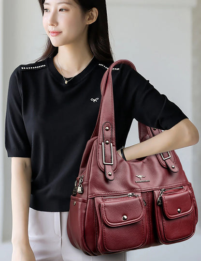 Women Casual Multiple Pockets Tote Bag Lady Large Capacity Shoulder Crossbody Bag Vintage Soft Leather Travel Bag