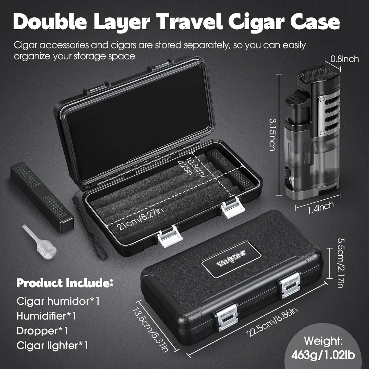 Portable Travel Cigar Humidor,Double Cigar Humidor with Separate Storage for Cigar Accessories,Holds 5 Cigars