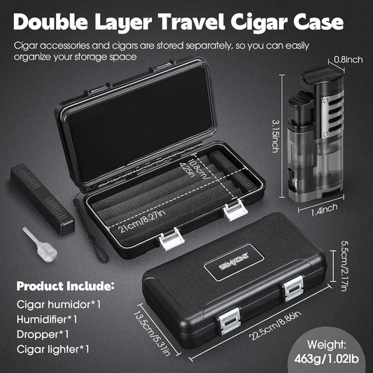 Portable Travel Cigar Humidor,Double Cigar Humidor with Separate Storage for Cigar Accessories,Holds 5 Cigars