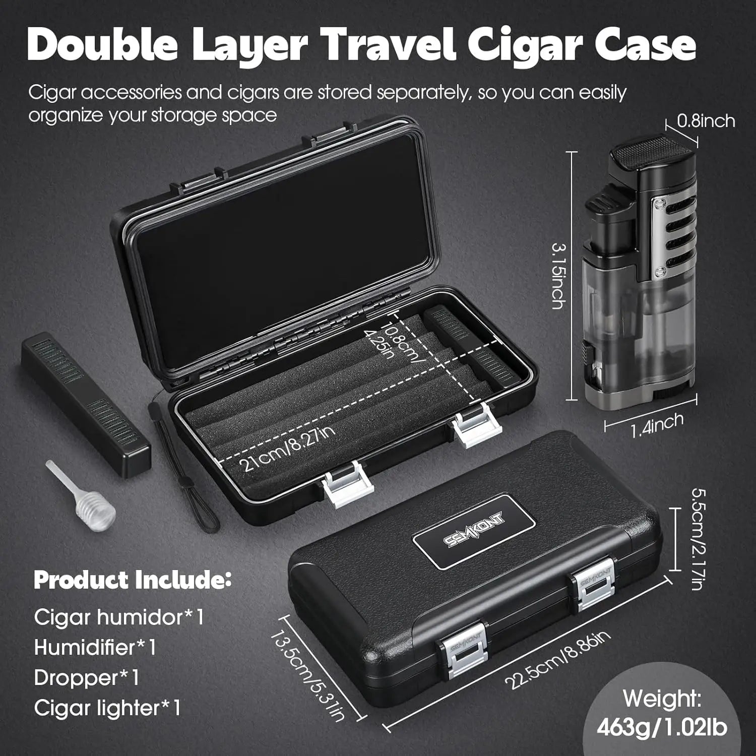 Portable Travel Cigar Humidor,Double Cigar Humidor with Separate Storage for Cigar Accessories,Holds 5 Cigars