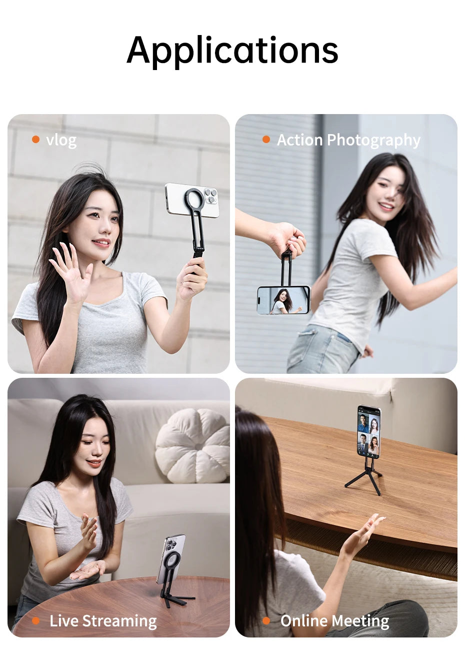 Black Carabiner-Mounted Phone Tripod for iPhone 15 14 13 12 Pro/Pro Max Dual-sided Magnet Tripod Desk Mount Phone Handle