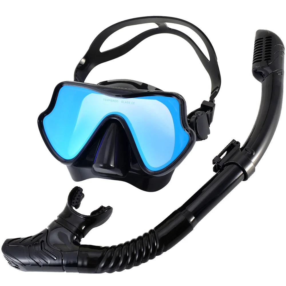 Snorkel Mask Set Silicone Swimming Goggles Diving Training Kit Dry Top Colorful Len Wide View Tempered Glass Anti-Leak Adults
