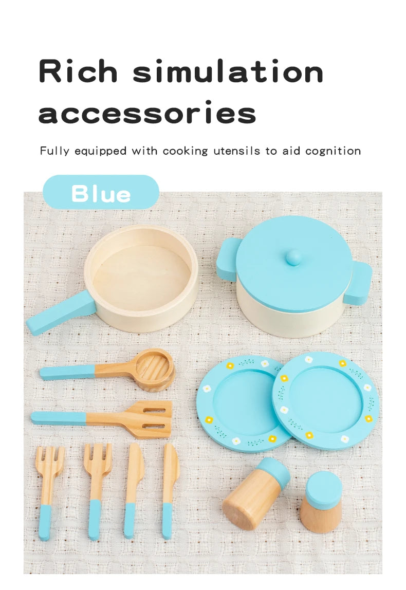 Wooden Pretend Play Kitchen Set with Pots Pans and Utensils