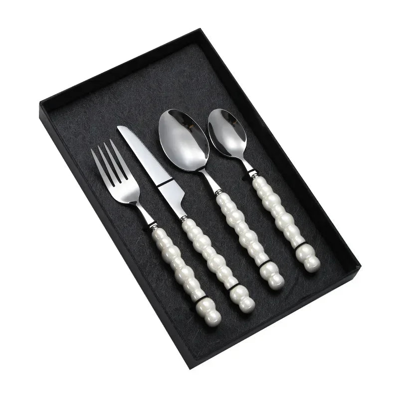 4Pcs Luxury Dinnerware Set Ceramic Pearl Handle Stainless Steel Spoon and Fork Set Western Silver Cutlery High-looking Tableware