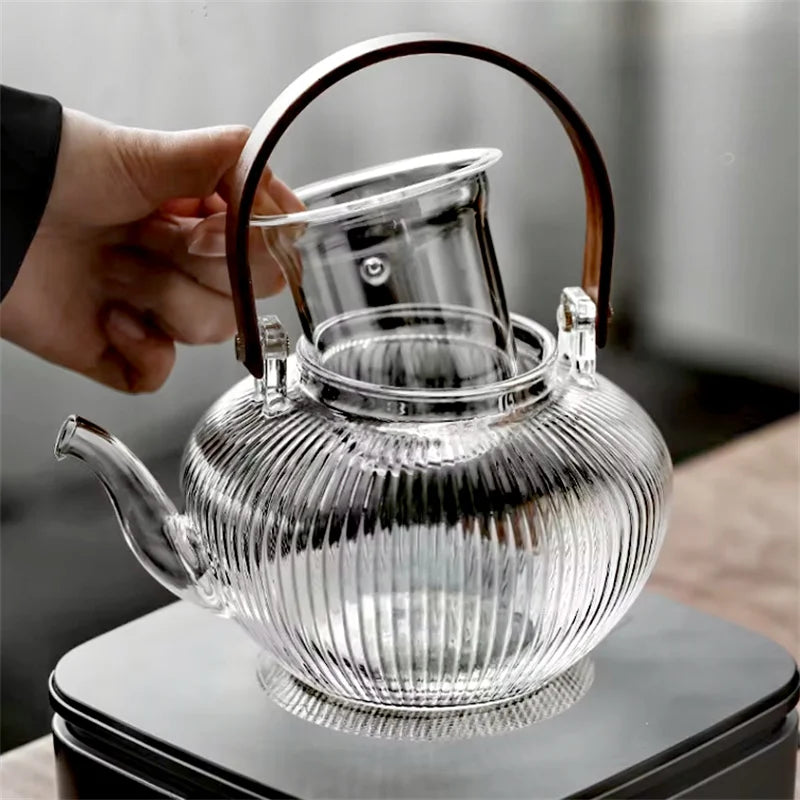 800ml Vertical Stripes Glass Teapot with Wooden Beam Handle and Tea Infuser